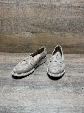 Clarks Sharon Gracie Pewter Gold Metallic Leather Loafers Women's Size 10